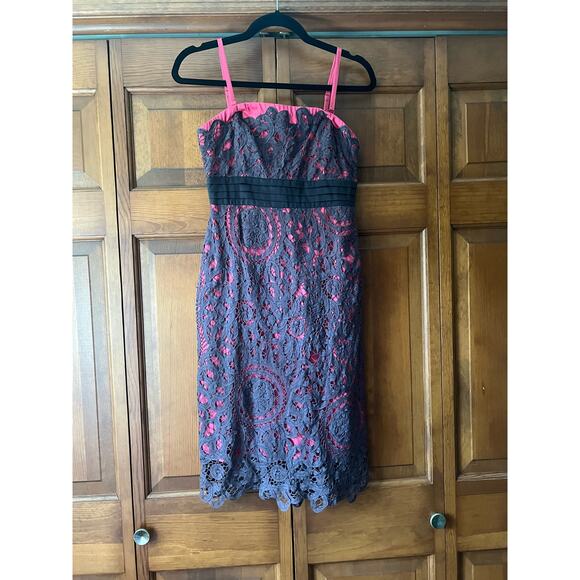 Anthropologie's Floreat Sunrise & Midnight Sheath Dress Gray Lace Pink Size 0 - Picture 2 of 11